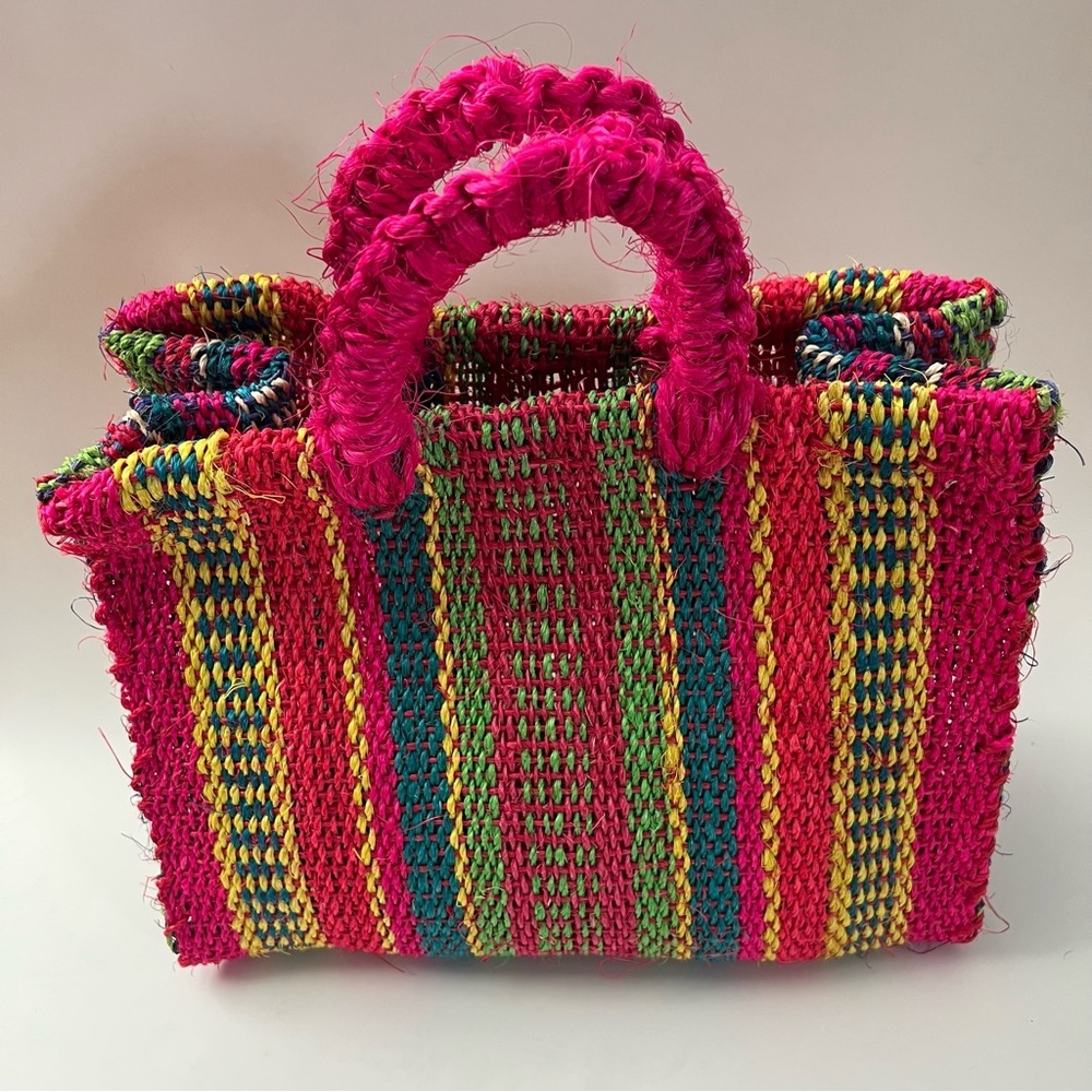 Handmade Colorful Striped Straw Bag with Top Handle